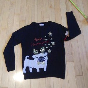 Poof! Black Sweater with Festive Pug Design